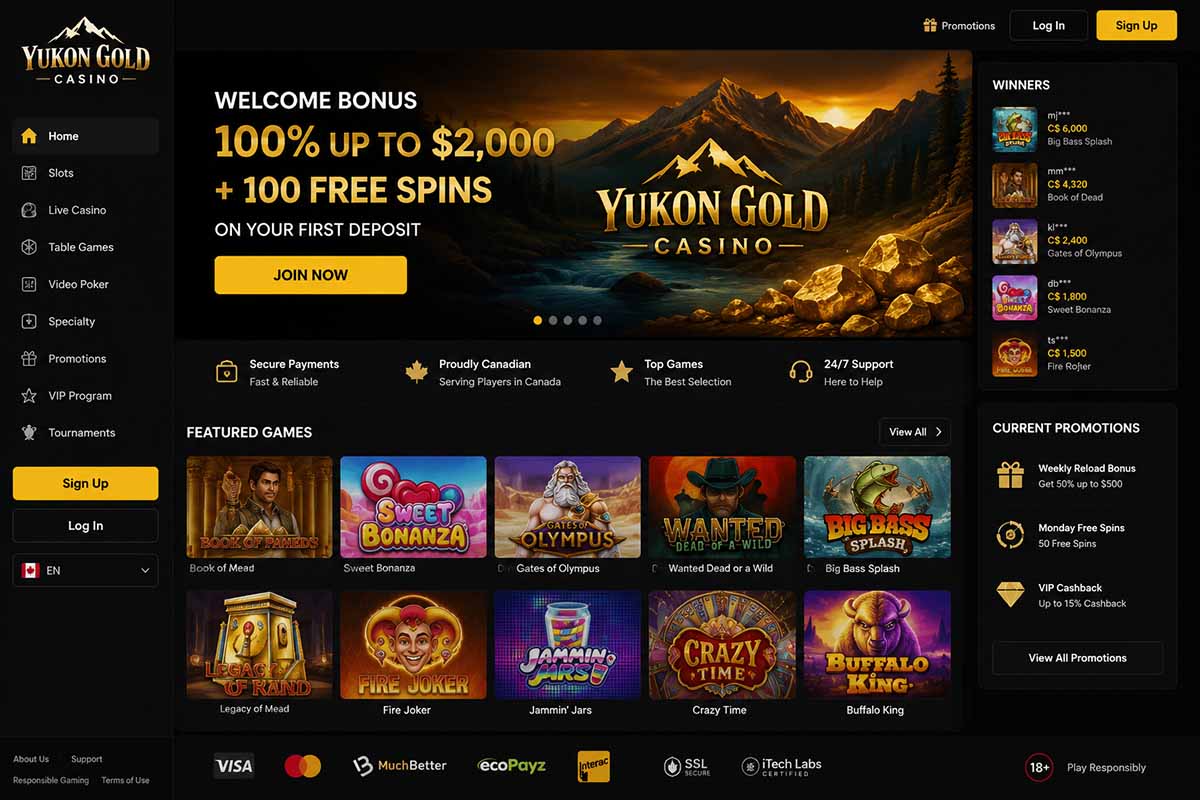 Yukon Gold Casino homepage with welcome bonus and featured games