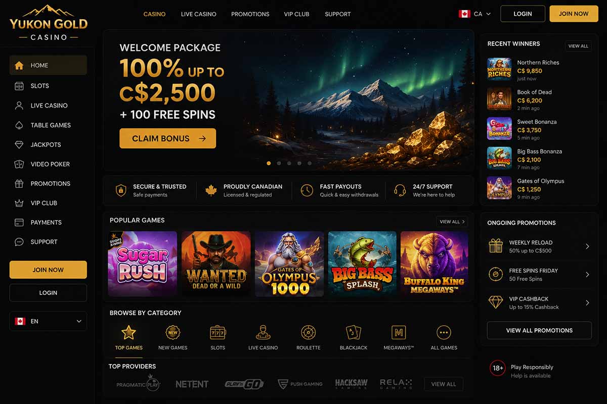 Yukon Gold Casino game lobby, categories, promotions, and Canadian interface